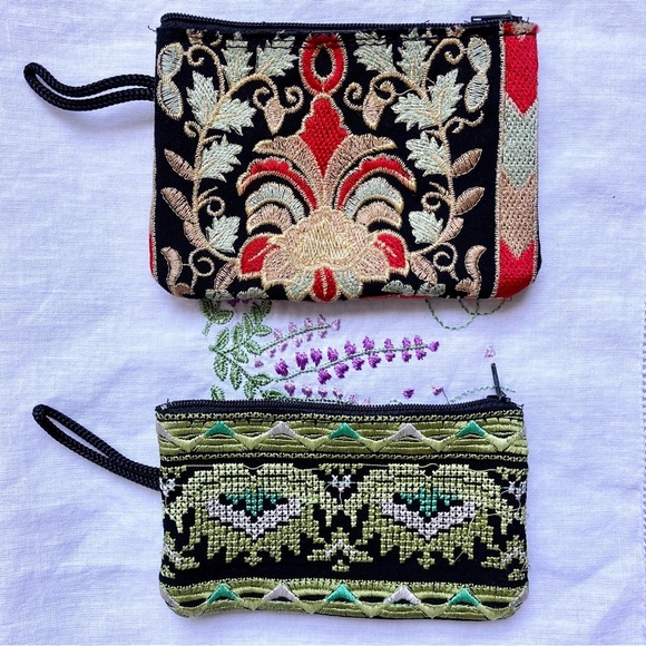 2 boho embroidered ethnic Asian zippered pouches mini bags coin purse wallet NEW - Picture 2 of 5